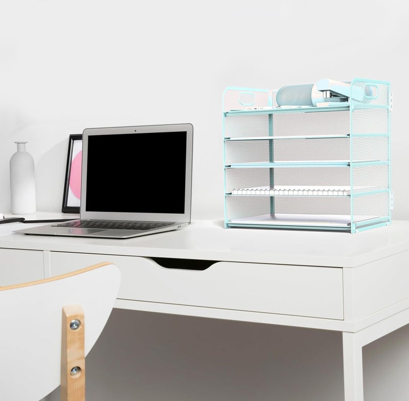 Sinboun Letter Tray Paper Organizer 5-Tier Desk Organizer File Organizer Paper Holder with Handle, Metal Desktop Document Shelf Tray Office Classroom Organization - Blue - Image 4